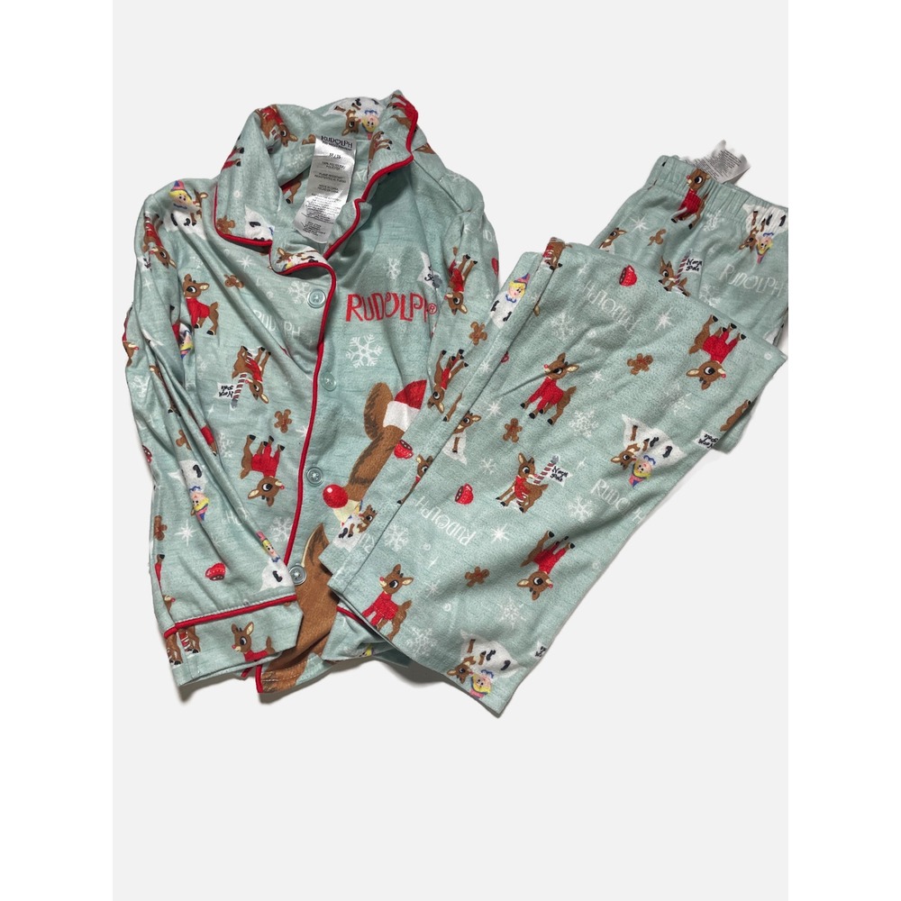 Rudolph Pajama Set Kids 5T Blue Reindeer Fleece Christmas Sleepwear Holiday